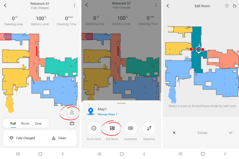 In der Roborock App können Räume manuell getrennt bzw. zusammengeführt werden